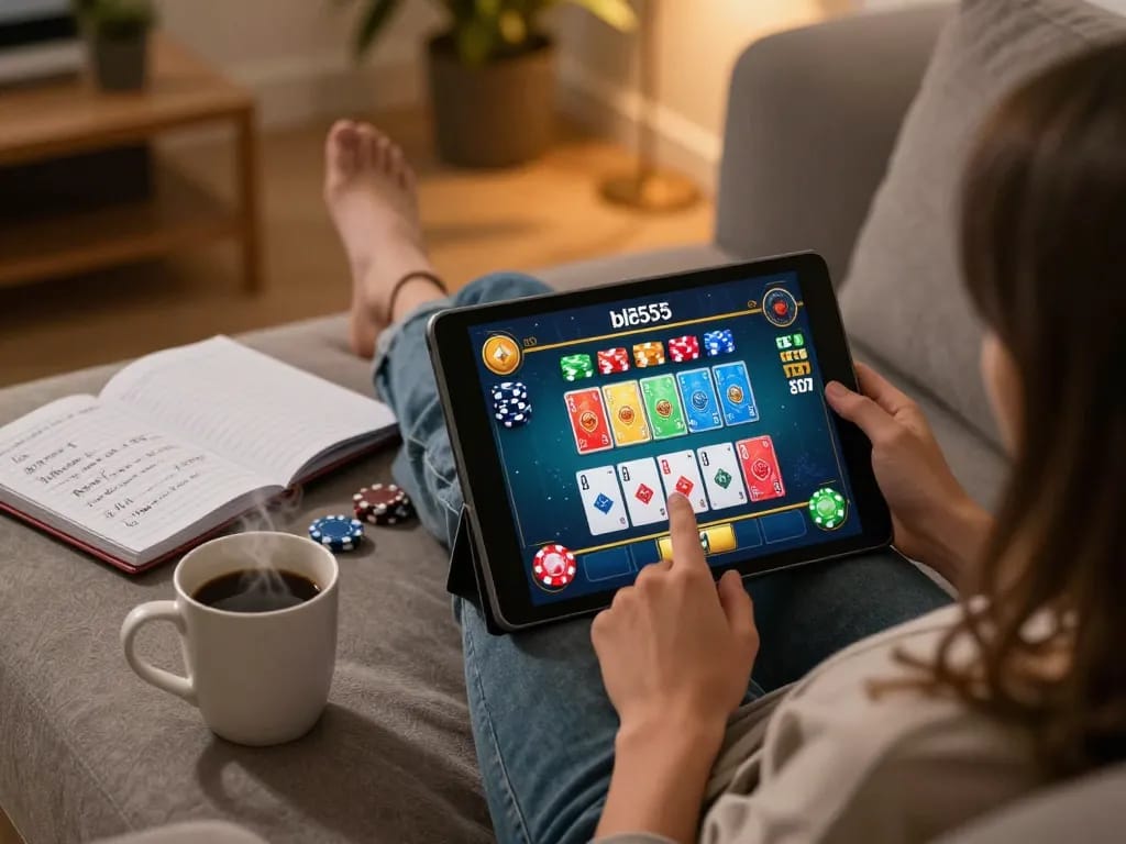 Playing app bl555 with strategic betting notes in a cozy home setting