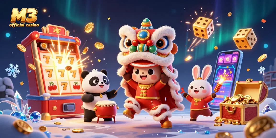 Experience the excitement of M3 official casino with a festive 3D illustration featuring dynamic gaming elements.