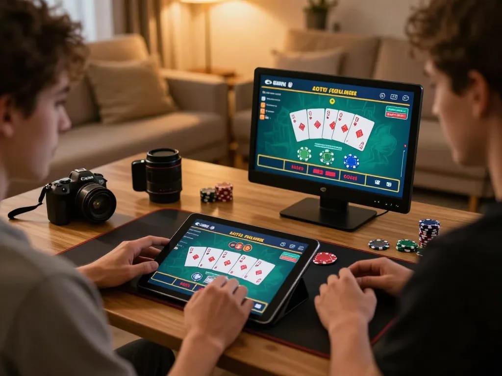 Go88 user engaging in live casino gameplay on a tablet, showcasing strategic interactions in a cozy environment.