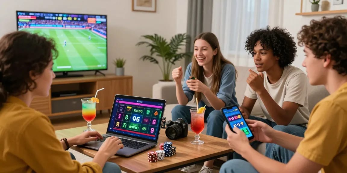 Friends enjoying esportiva bet paraguay in a lively living room, betting on sports and casino games.