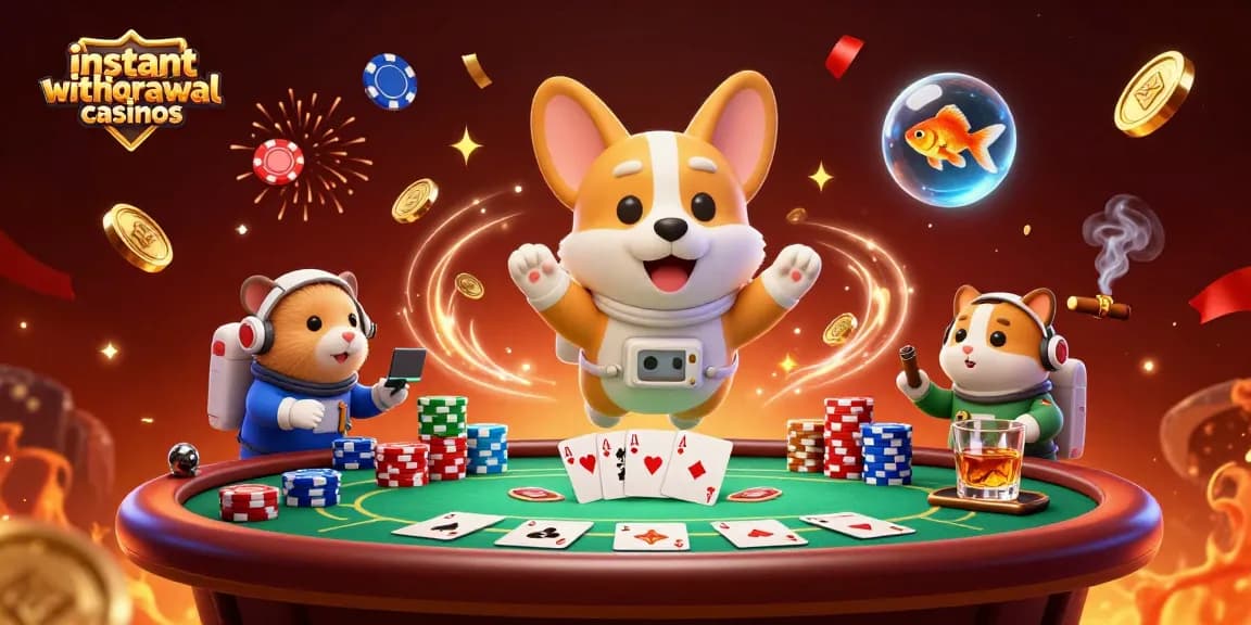 Experience instant withdrawal casinos with a floating poker scene featuring animated characters and exciting game elements.