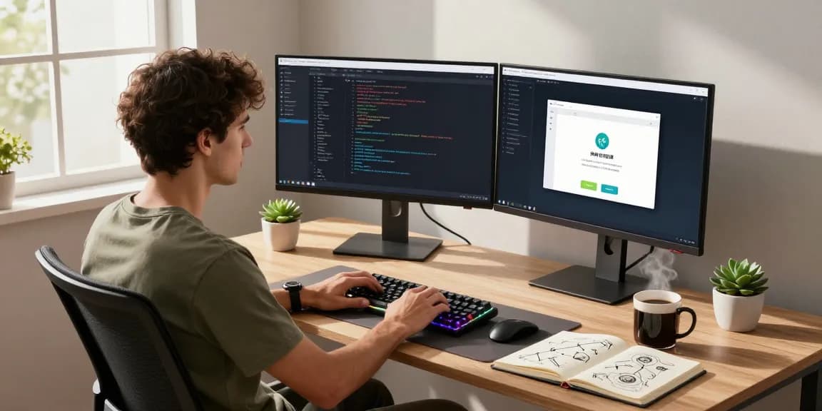 快连 app showcased in a modern workspace with dual monitors and coding setup.
