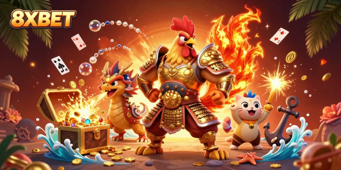 Win big at 8XBET with dynamic gameplay featuring a samurai rooster and dragon in action!
