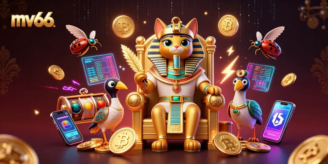 Experience the thrill of MV66 with vibrant casino elements and a stunning 3D illustration.