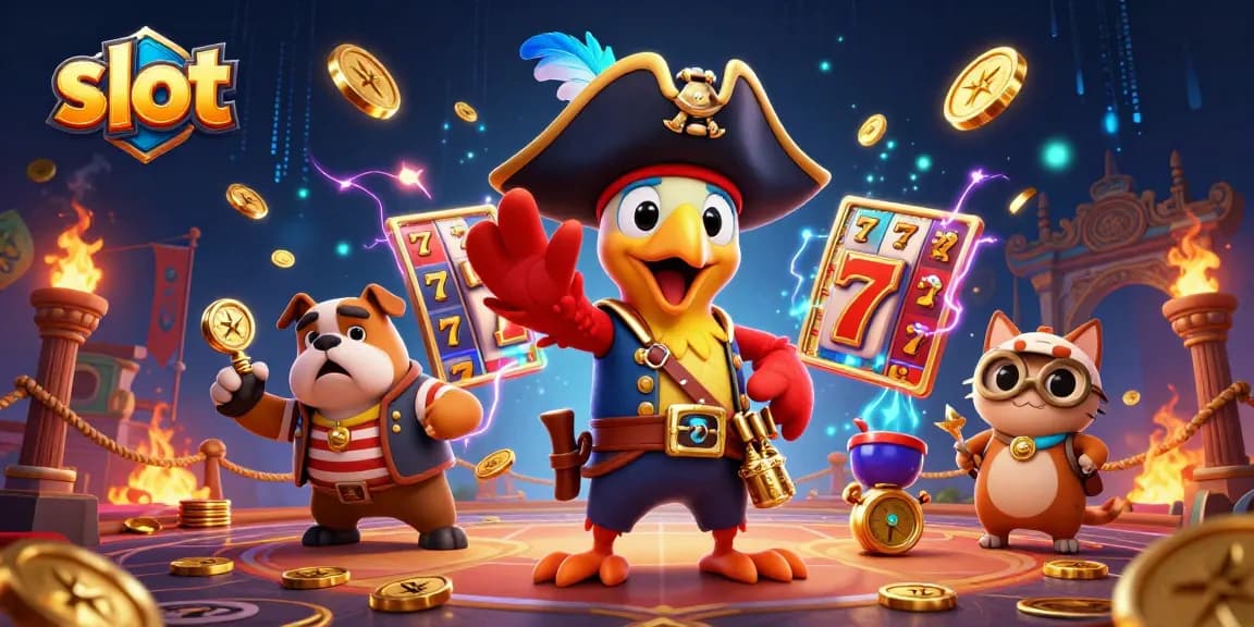 Spin winning slots with a pirate captain in a dynamic casino-themed illustration