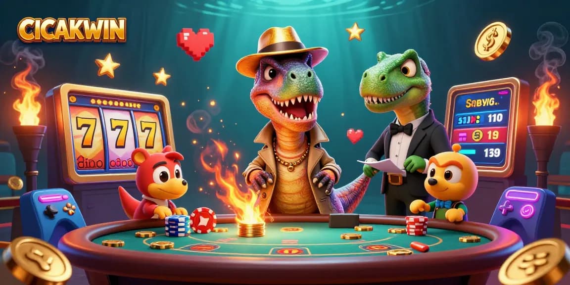 CICAKWIN showcases an animated gambling scene with a velociraptor card counter, a stegosaurus pit boss, and a compy pickpocket in a vibrant casino setting.