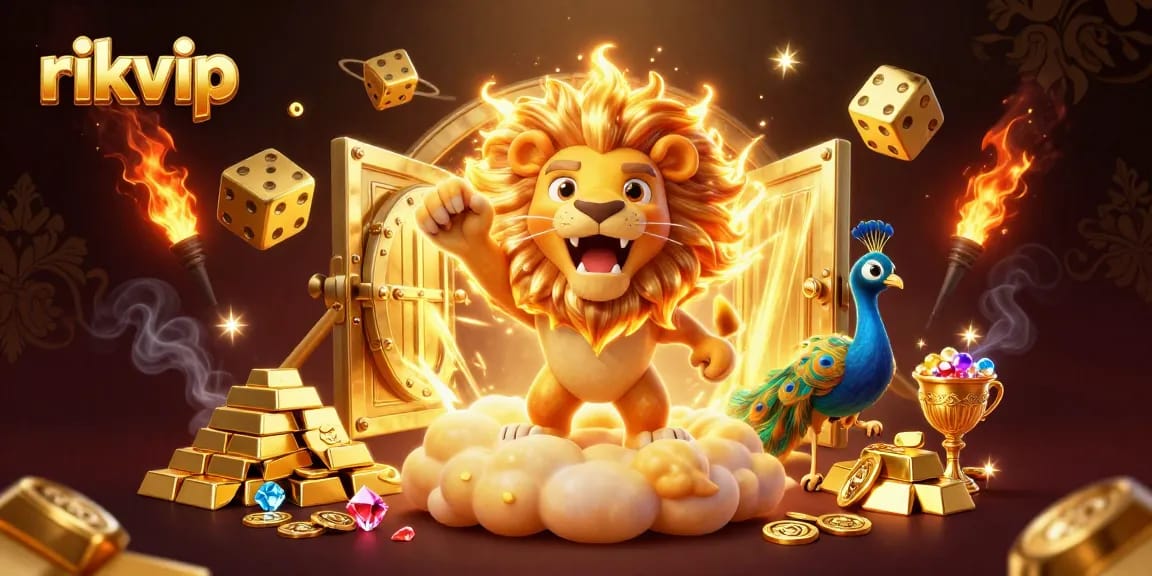 Spin dynamic slots with rikvip in a vibrant 3D illustration featuring a roaring lion and floating treasures.