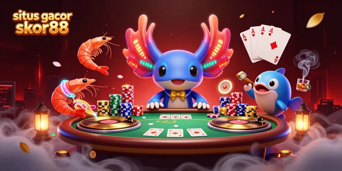 Engage in high-energy gameplay with situs gacor skor88 at a vibrant casino scene featuring dancing characters and poker elements.