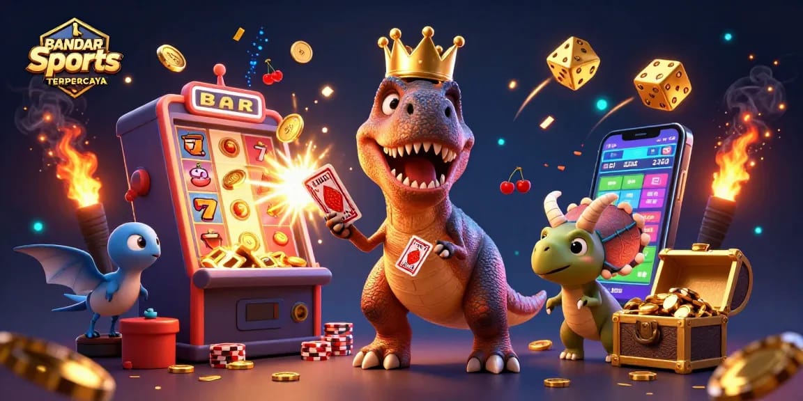 BANDAR Sports TERPERCAYA showcases a fun 3D cartoon scene of a T-Rex shuffling cards.
