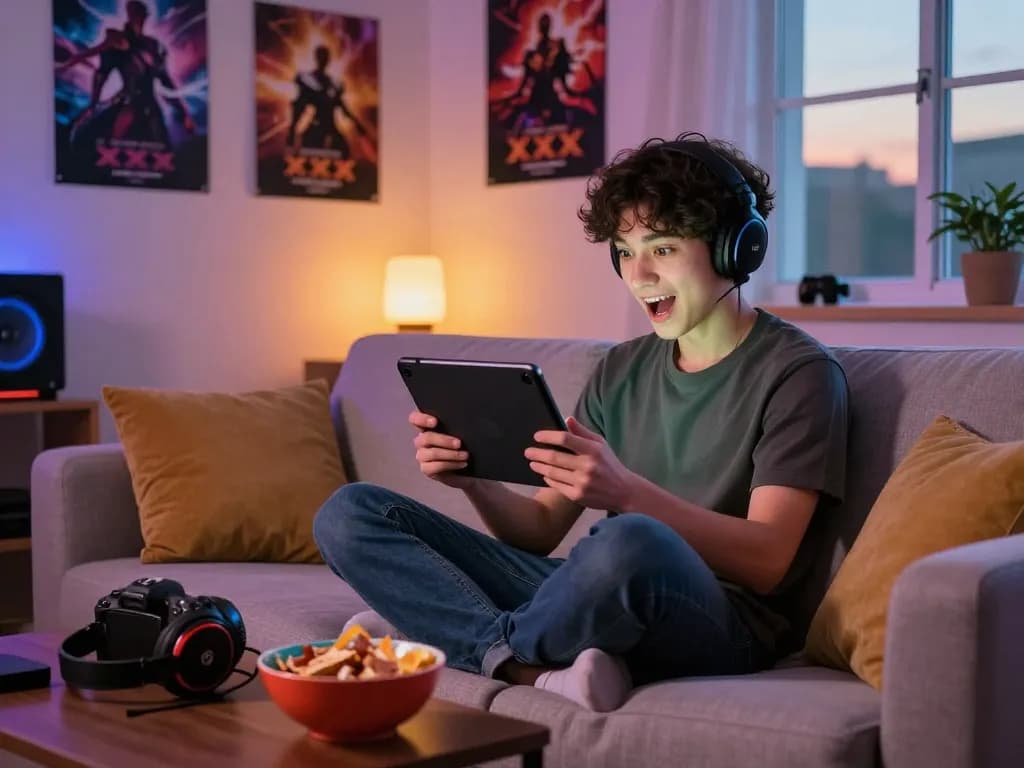 Player enjoying xxx games on a tablet, surrounded by gaming essentials in a cozy setting.
