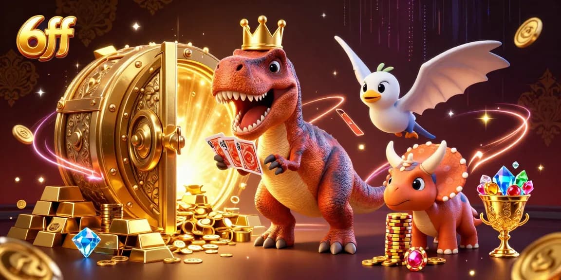 Engage with 6ff's thrilling casino scene featuring playful characters and dazzling treasures.