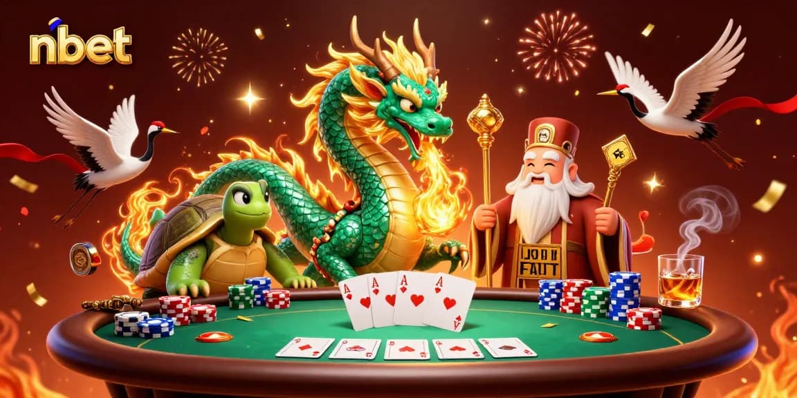 Experience thrilling gaming action with nbet's vibrant casino illustration displaying dragon, sage, and poker elements.