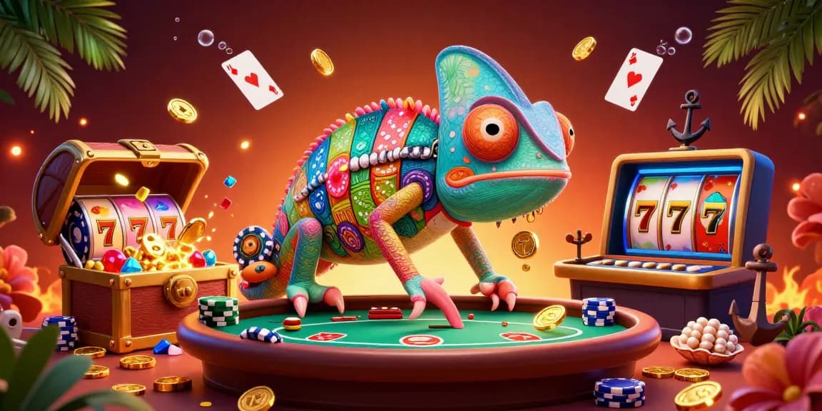 Join sc88's casino adventure with a colorful chameleon catching coins amidst vibrant slot reels.