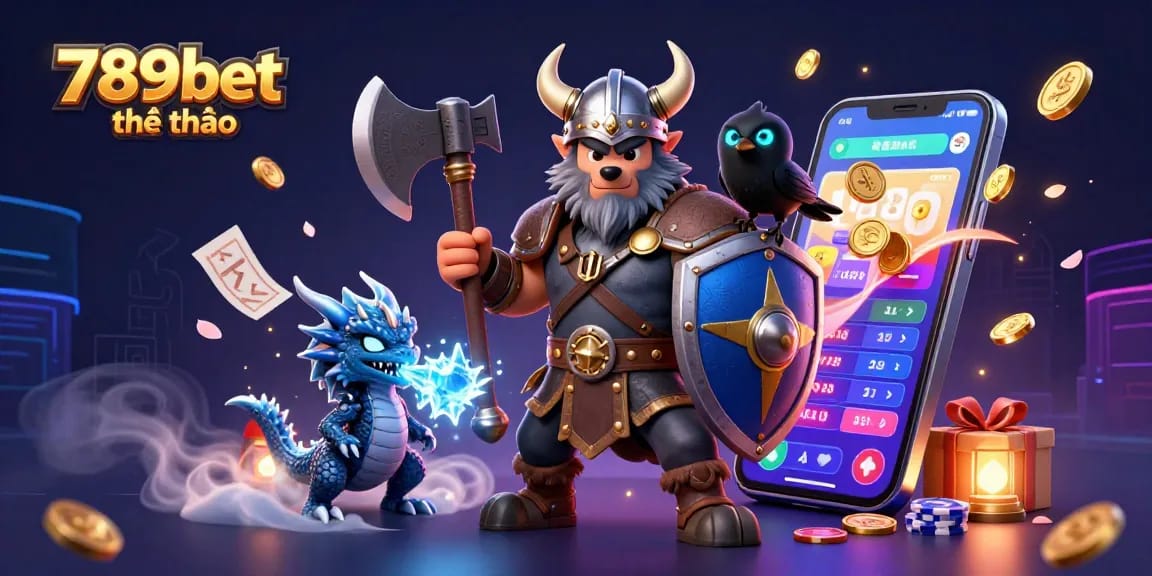 Experience thrilling action with 789bet thể thao as the Viking warrior battles alongside a fierce dragon in a dynamic sports betting scene.