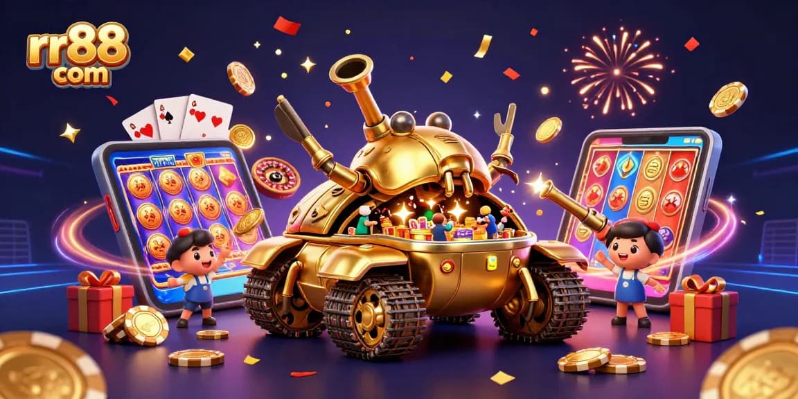 Experience excitement at rr88 com with a festive 3D casino scene featuring golden beetles and slot games.