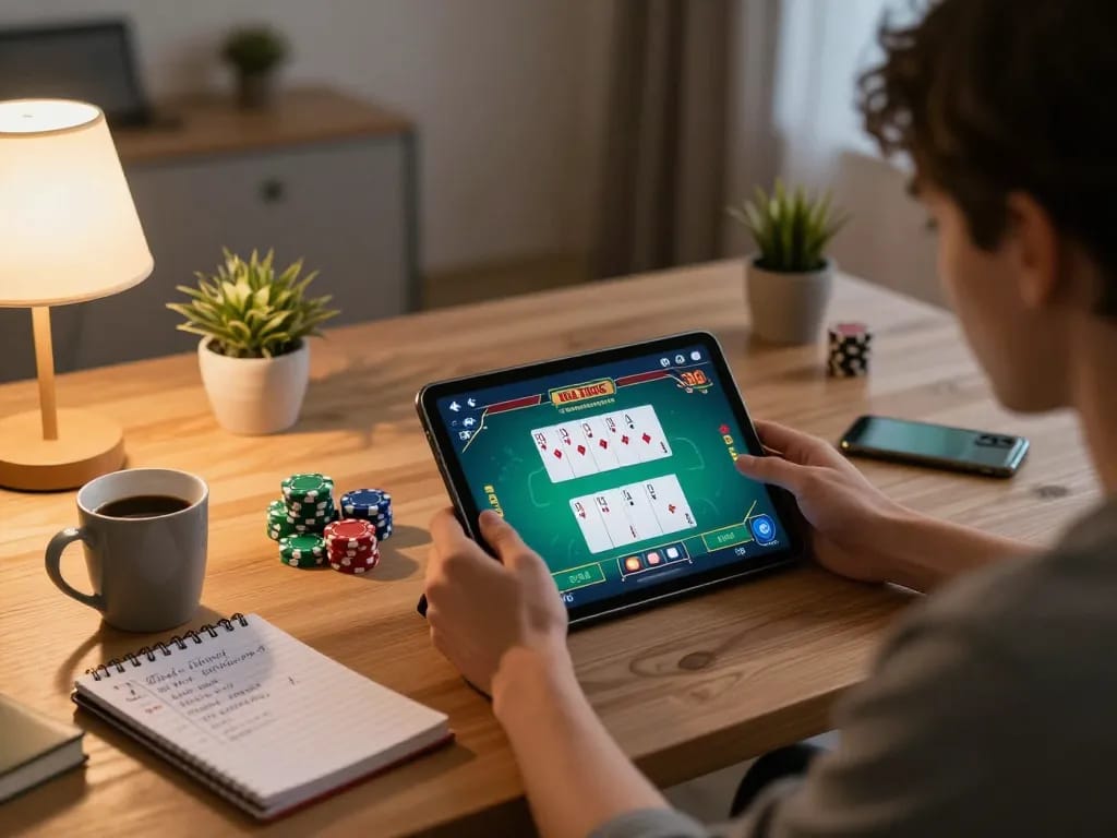 Engaging gameplay of game đánh bài đổi thưởng on a tablet, showcasing strategic betting in a cozy home setup.