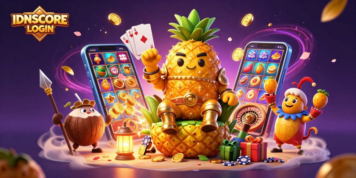 Experience thrilling gameplay with IDNSCORE LOGIN featuring exciting cartoon characters in a vibrant casino scene.