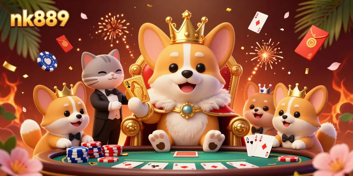 Experience exciting gameplay with nk889, featuring a royal corgi on poker chips amidst vibrant casino elements.