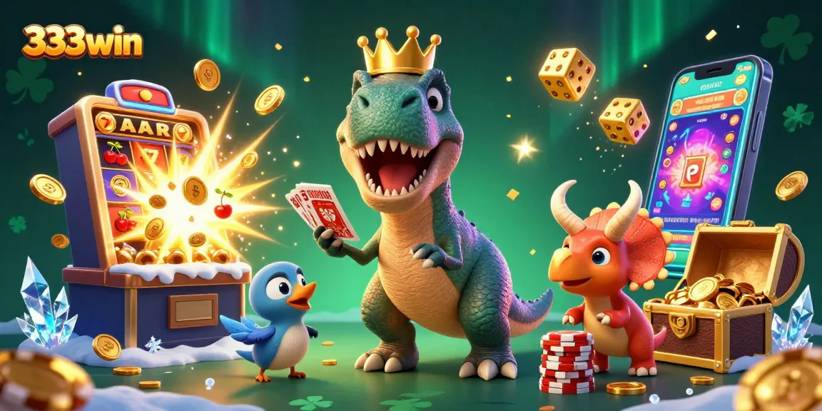 Experience thrilling moments with 333win as the playful T-Rex shuffles cards under a jackpot explosion.