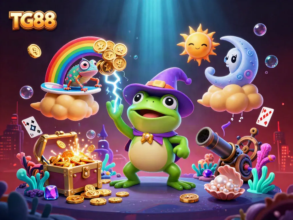 Experience exciting gaming adventures with TG88 in a vibrant 3D illustration featuring chaotic fun and colorful characters.