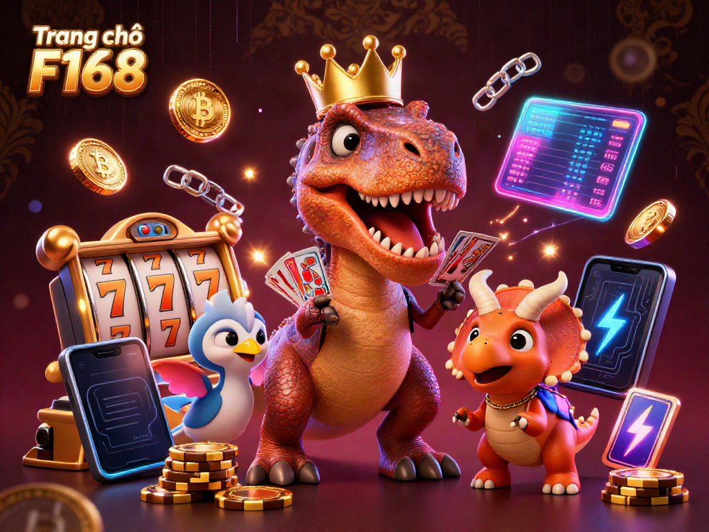 Engage with the exciting world of Trang chủ F168 featuring a T-Rex shuffling cards.