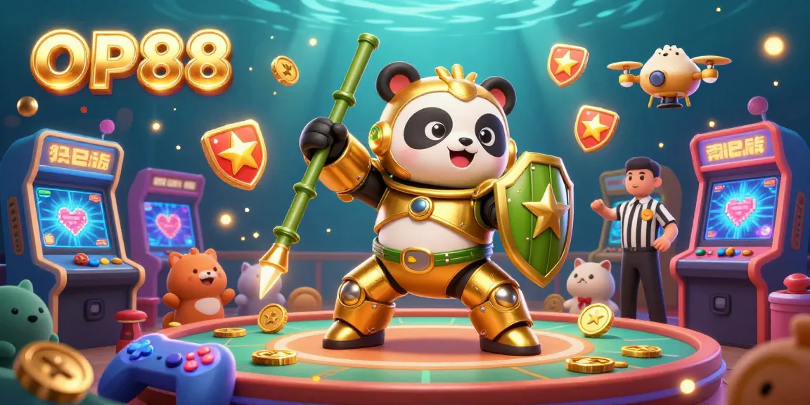 Experience the excitement of OP88 with a dynamic 3D scene showcasing a golden panda gambling arena.