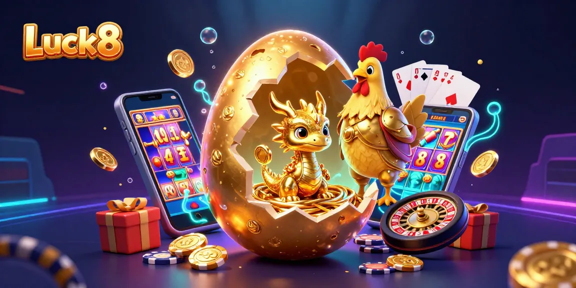 Luck8 captivates players with an enchanting scene of a golden dragon amidst casino treasures, showcasing vibrant gaming action.