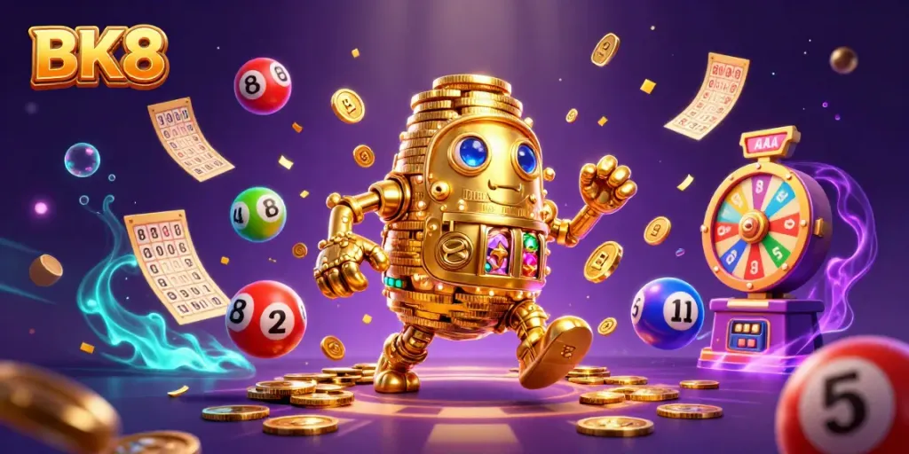 Experience the thrilling world of BK8 with animated golems and vibrant gaming elements in a casino fantasy.