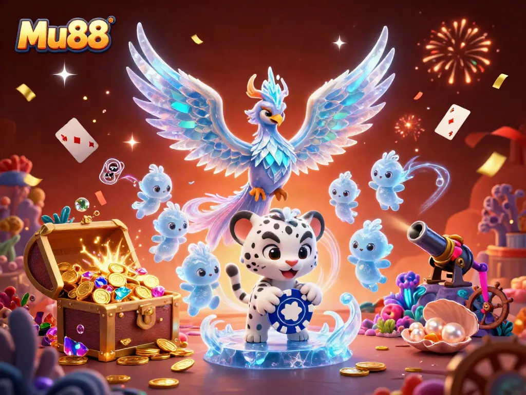 Experience thrilling moments at Mu88 with a vibrant 3D casino scene featuring animated characters and sparkling game elements.