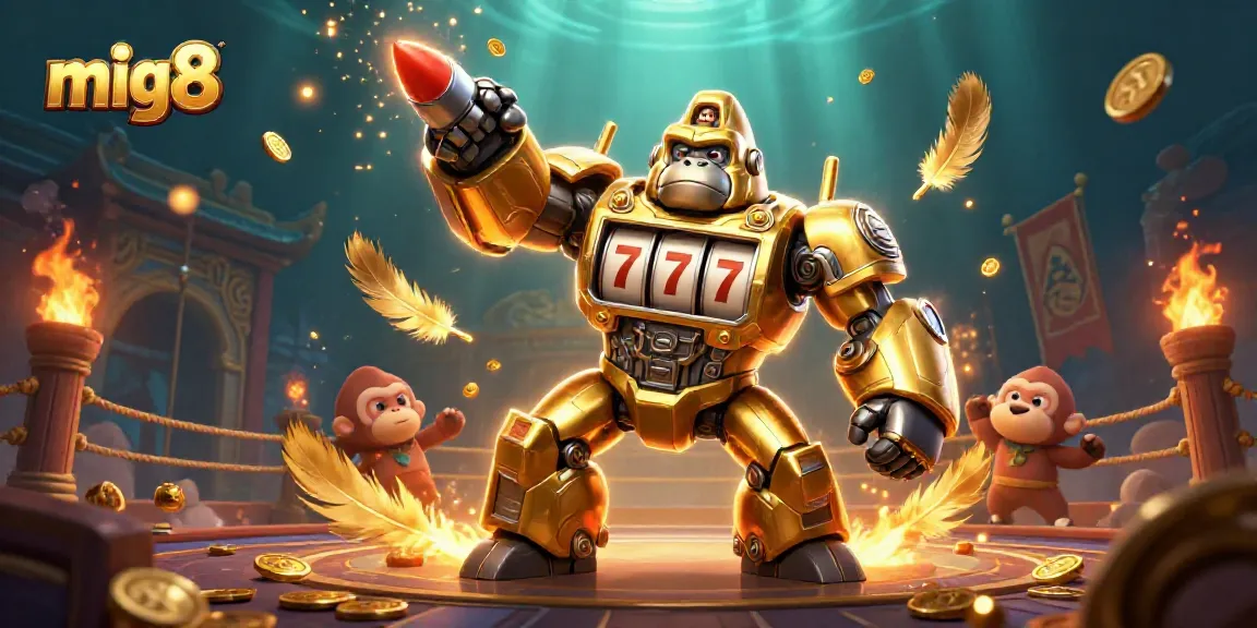 Experience the excitement at mig8 with a lively scene featuring a golden gorilla mech and dynamic casino elements.
