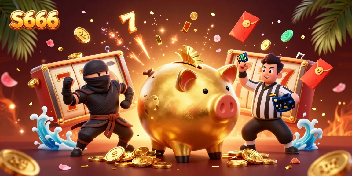 Experience thrilling gaming with S666 featuring a golden piggy bank sumo wrestler, vibrant slot reels, and rich decorations.
