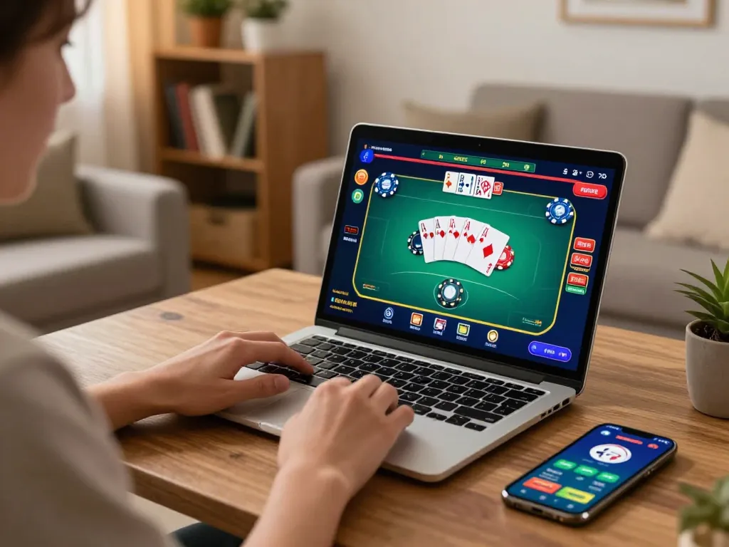 Play poker online at uu88 in a cozy home setting with a laptop and smartphone