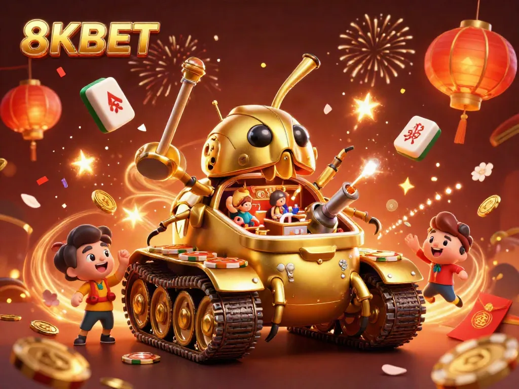 8KBET tank-style casino features tiny patrons and confetti, celebrating wins in a vibrant scene.