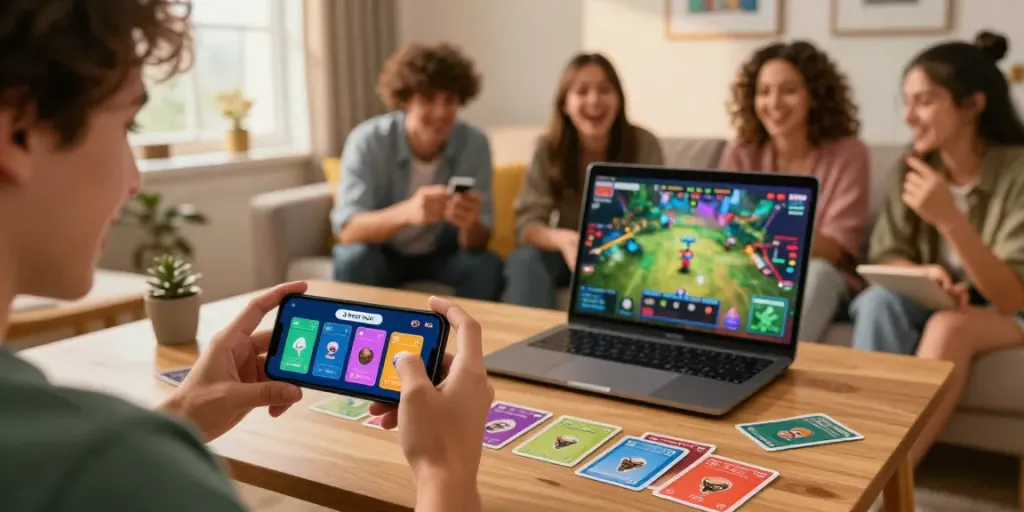 Excited player using the 3 Patti No1 app surrounded by friends and gaming materials in a cozy living room.