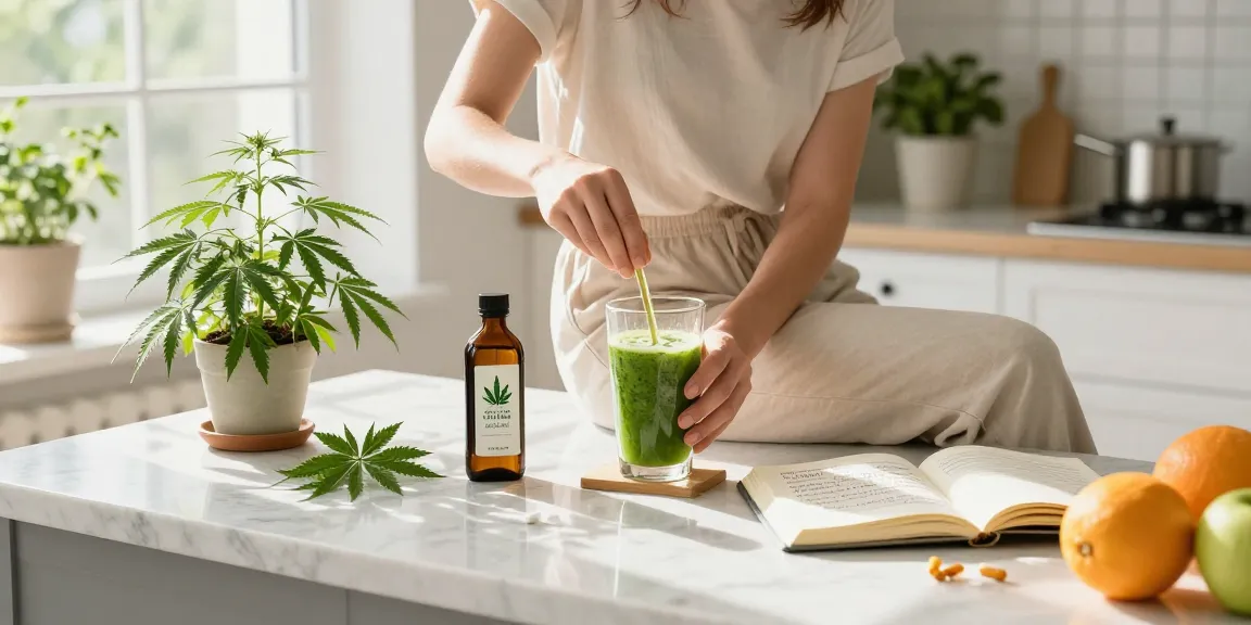 Ministry of Cannabis wellness routine in a bright kitchen with CBD oil tincture.
