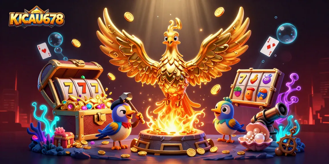 KICAU678 showcases an immersive casino scene with molten phoenix and vibrant slot elements.