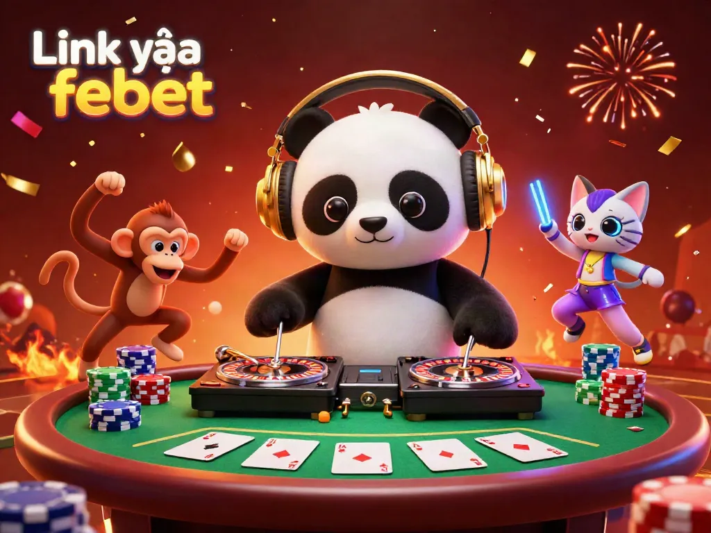 Experience an electrifying party scene featuring "Link vào febet" with a DJ panda and vibrant casino elements.