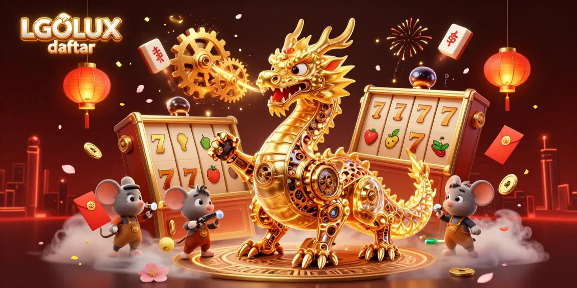 Experience winning thrills at LGOLUX daftar with dynamic slot reels, golden dragon, and festive elements.