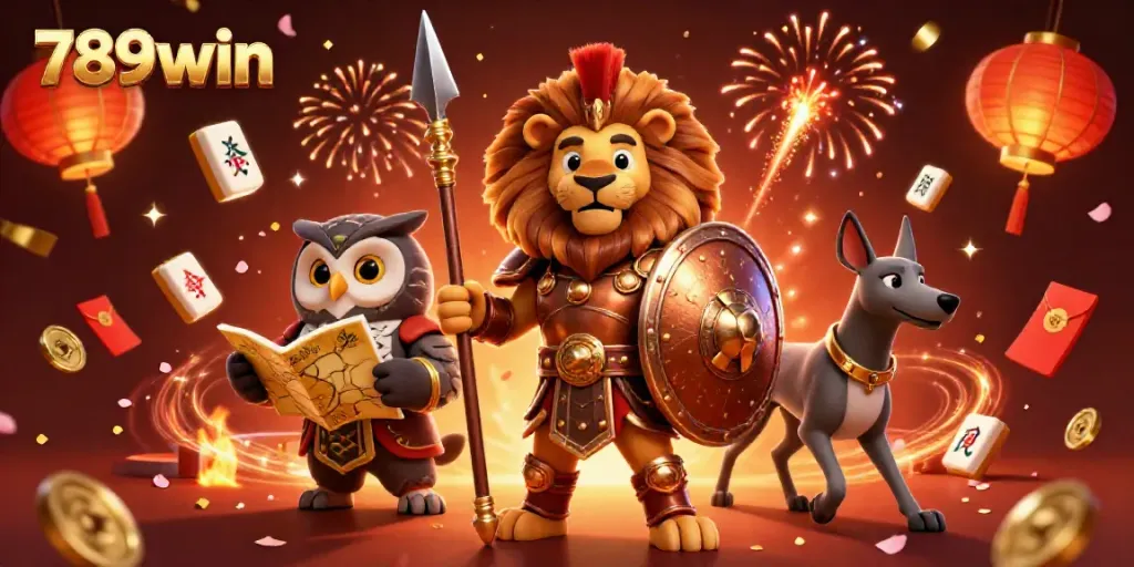 Engage in thrilling moments with 789win, featuring a 3D Spartan lion and a shimmering casino backdrop.