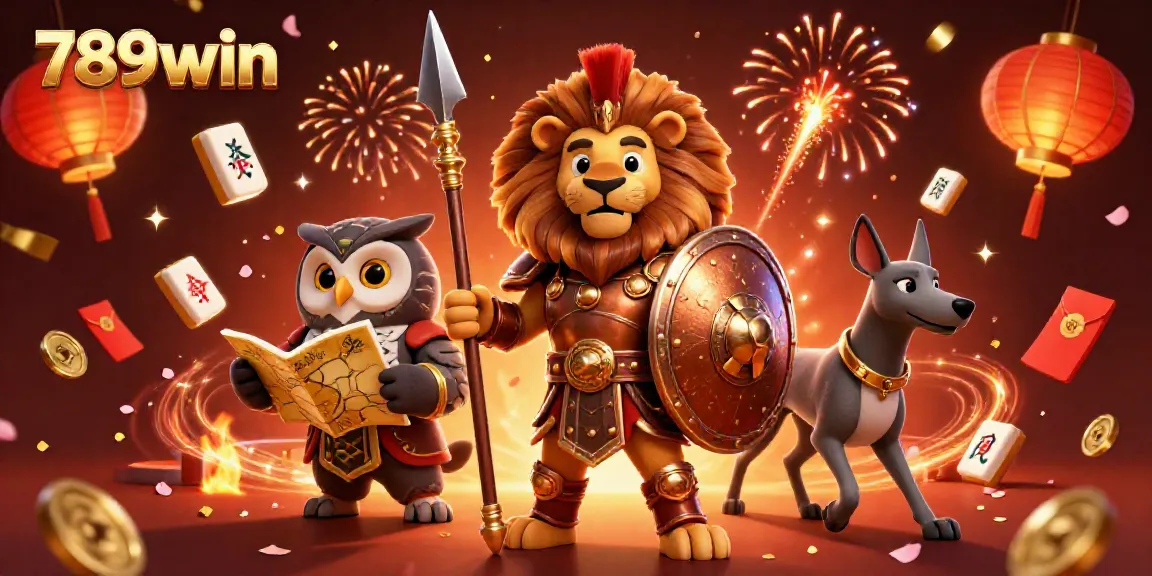 Engage in thrilling moments with 789win, featuring a 3D Spartan lion and a shimmering casino backdrop.