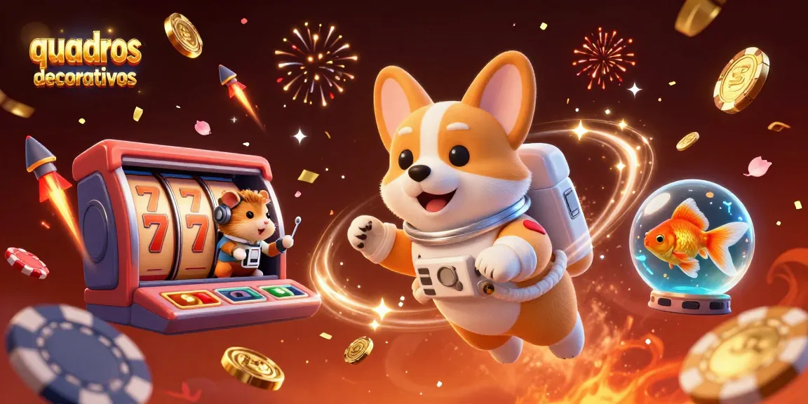 Engage with the thrilling casino experience at quadrosdecorativos featuring floating slot reels and playful characters in a vibrant 3D scene.