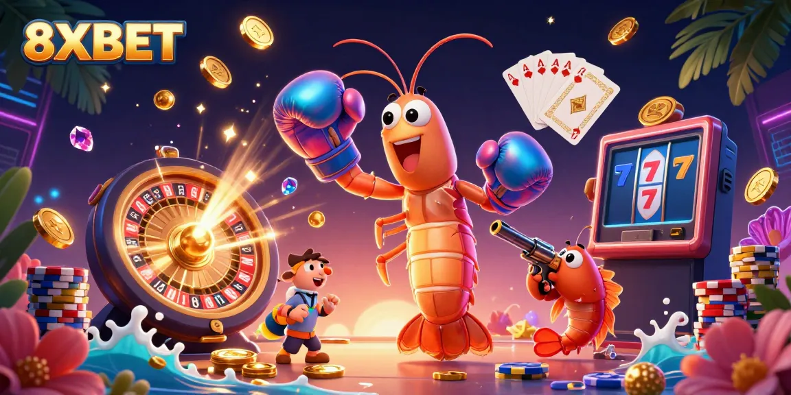 Experience the excitement of 8XBET with cartoon characters and casino elements in an illustrational scene.