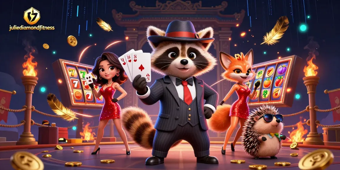 Experience thrilling gameplay with juliediamondfitness, a raccoon in a suit flaunting a royal flush amidst casino elements.