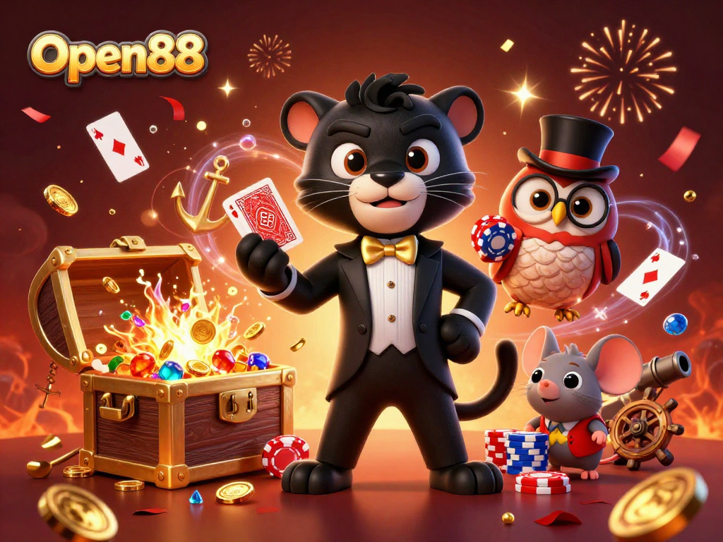 Experience Open88's thrilling gaming atmosphere with stylish characters amidst rich casino elements.