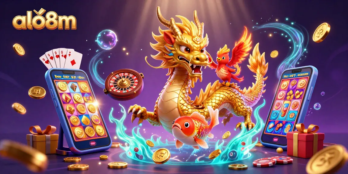 Experience the vibrant world of gambling with alo8m's captivating 3D casino scene, blending dragons and gaming.