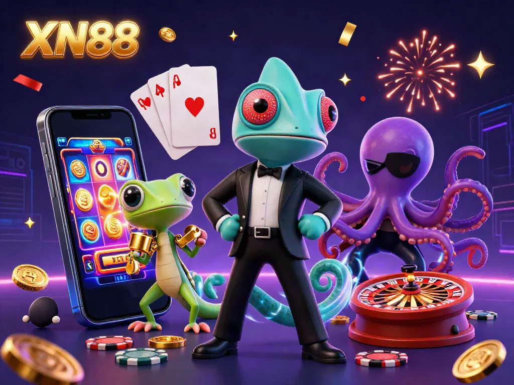 XN88 gaming scene featuring secret agent chameleon, tech-genius gecko, and villainous octopus amidst slot games.