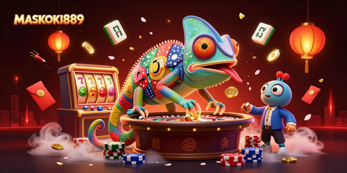 Play big at MASKOKI889 with thrilling games, golden coins, and a chameleon casino owner!
