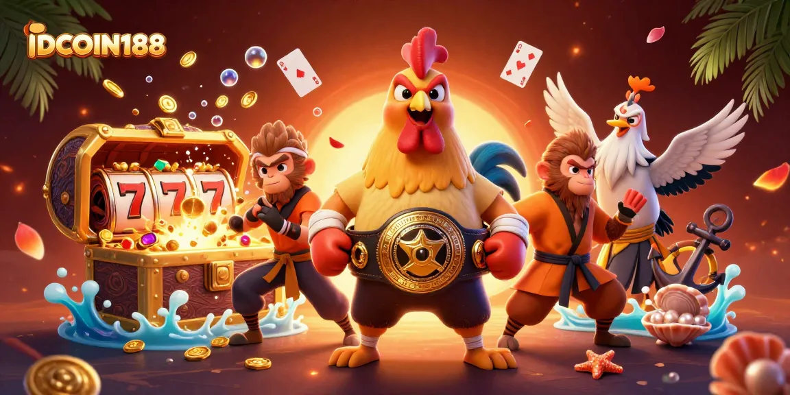 IDCOIN188 offers thrilling slot gaming with vibrant characters in an engaging scene.