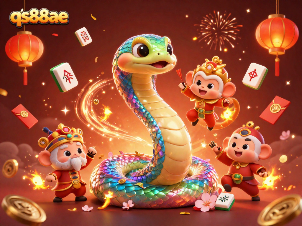 Engage with the vibrant qs88ae universe, featuring a colorful rainbow serpent and monkey king in an energetic casino scene.