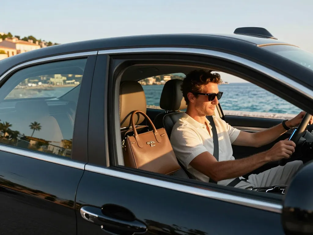 Intérieur d'un taxi à St Tropez avec un passager profitant d'une course luxueuse le long de la côte.